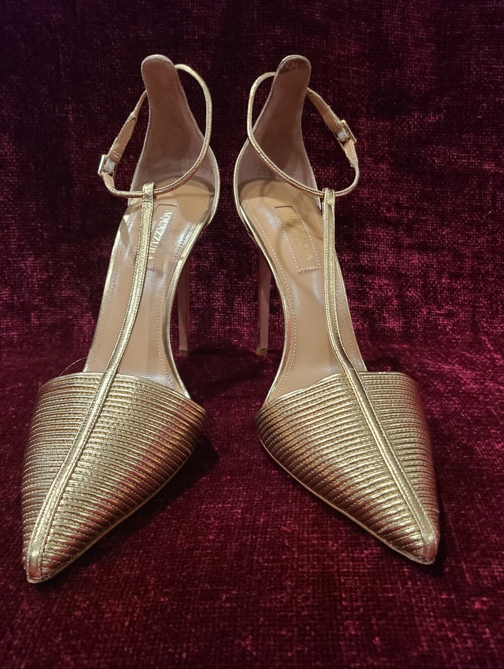 Aquazzura Metallic Strappy Gold Leather Pointed Toe Stiletto Heels Size 8 - Picture 5 of 15